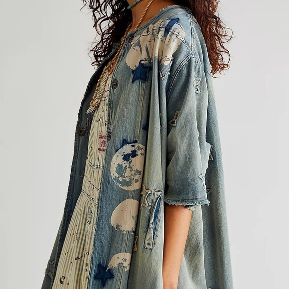 Magnolia Pearl Denim Star Child Rainbow Maxi Kimono Duster Jacket - Picture 4 of 12